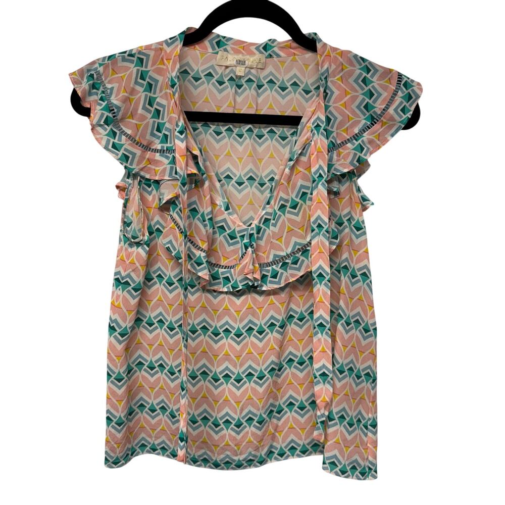Paloma Blue Sophia Blouse Top Geometric Flutter Sleeve Tie V Neck Size Small